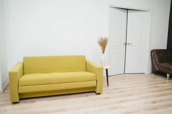 白い壁に対する緑のソファ ドライフラワーの花瓶付きのテーブル シンプルな — ストック写真