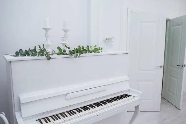 Белое Пианино Зеленью Большой Светлой Комнате Белый Интерьер — стоковое фото