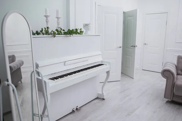 Vitt Piano Med Grönska Ett Stort Och Ljust Rum Vit — Stockfoto