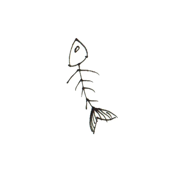 魚の骨格の水墨画 白地に細い骨が分離 — ストック写真