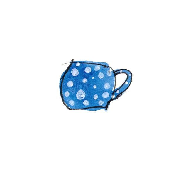 Aquarelle Dessin Tasse Bleue Avec Des Pois Sur Fond Blanc — Photo