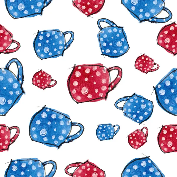 Watercolor Drawing Seamless Pattern Blue Red Mug White Background Isolate — Stock Photo, Image