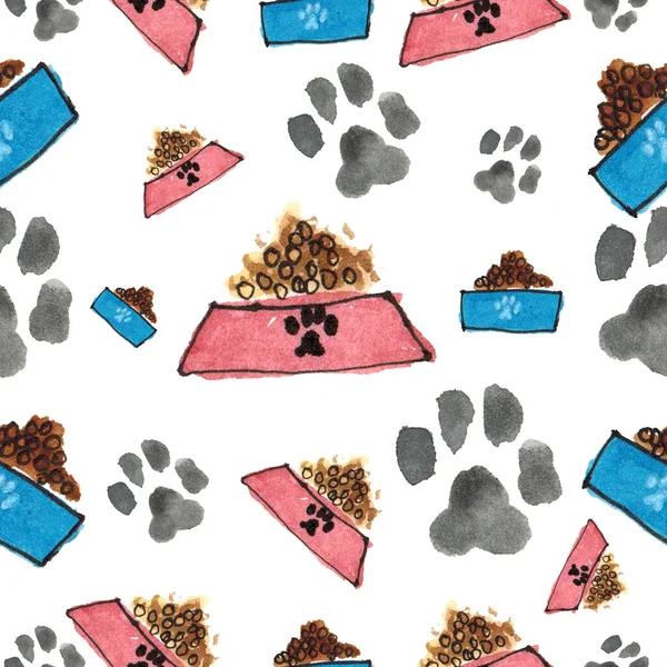 Akvarell Ritning Mat Skål Och Tassar Katt Eller Hund Vit — Stockfoto