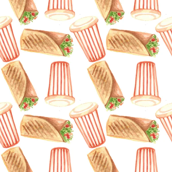 Akvarell Ritning Randigt Glas Med Donner Och Shawarma Vit Bakgrund — Stockfoto