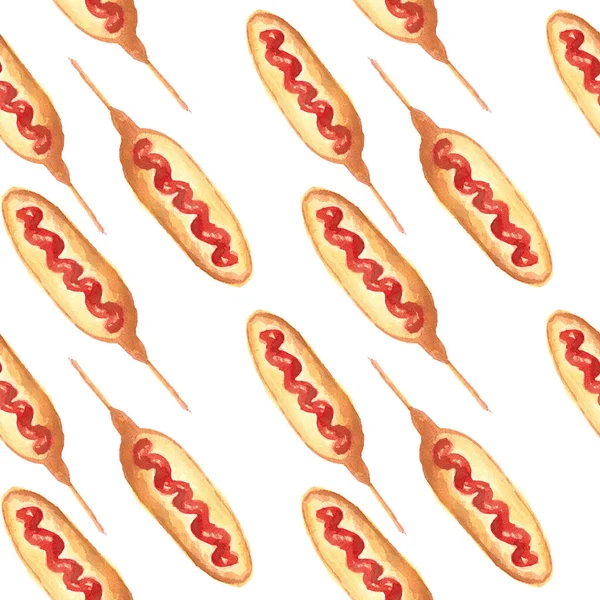 Watercolor Drawing Fried Sausage Dough White Background Seamless Pattern Isolate — Stock Photo, Image