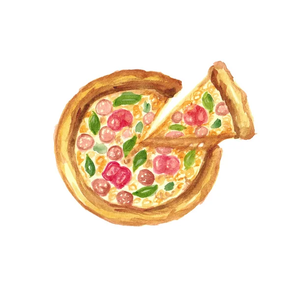 Akwarela Rysunek Fast Food Pizza Pomidorami Ziołami Kiełbasa Białym Tle — Zdjęcie stockowe