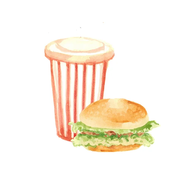 Watercolor Drawing Fast Food Striped Glass Drink Hamburger White Background — Stock Photo, Image