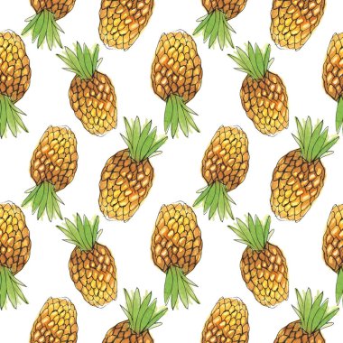 Beyaz arka planda meyve ananası çizen suluboya. Kusursuz desen. İzole et