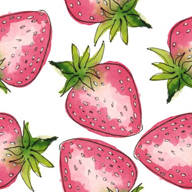 Beyaz arka planda suluboya çilek çiziyor. Kusursuz desen. İzole et