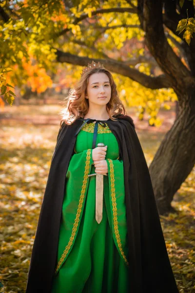 Beautiful Girl Medieval Green Dress Gold Braid Holds Dagger Her — Stock Photo, Image