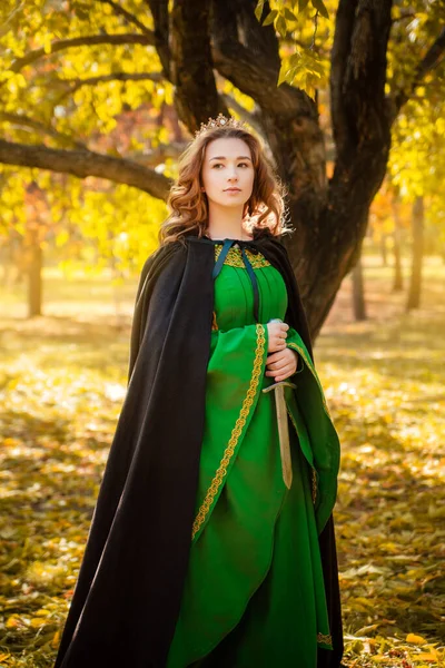 中世の緑のドレスを着た美しい少女が手に短剣を持っている クロークの女王と秋の森のブロイオドレス 歴史像 — ストック写真