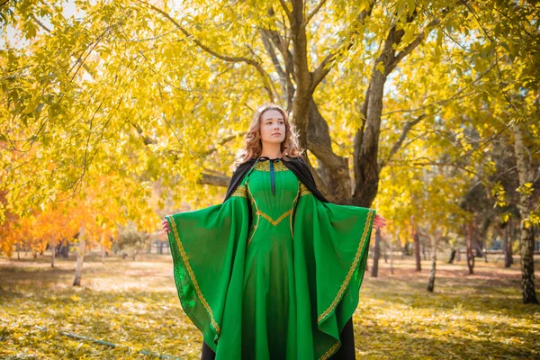 中世の緑のドレスに金色の編組の美しい少女 秋の森の中のマントとブロイコのドレスを着た女王 歴史像 — ストック写真