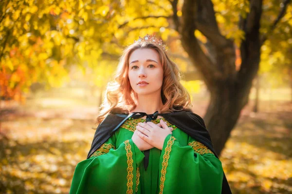 Beautiful Girl Medieval Green Dress Golden Braid Queen Cloak Blio — Stock Photo, Image