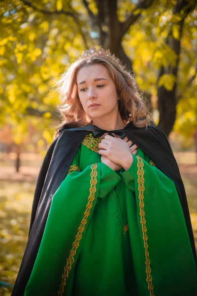 中世の緑のドレスに金色の編組の美しい少女 秋の森の中のマントとブロイコのドレスを着た女王 歴史像 — ストック写真