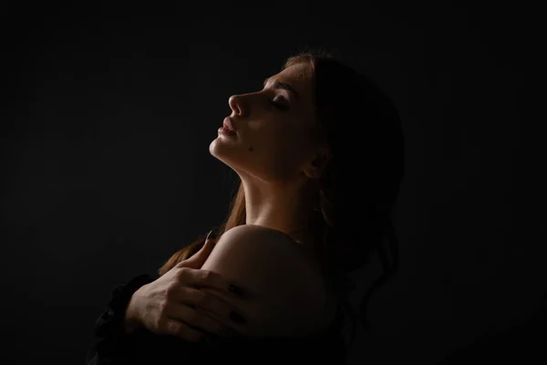Sexy Silhouette Eines Schönen Mädchens Auf Dunklem Hintergrund Porträt Stilvolles Stockbild