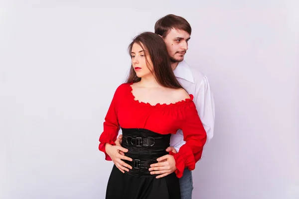 Young Couple Man Woman Hugging White Background Isolate Handsome Guy — Stock Photo, Image