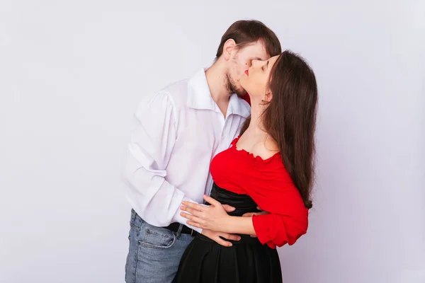 Young Couple Man Woman Hugging White Background Isolate Handsome Guy — Stock Photo, Image