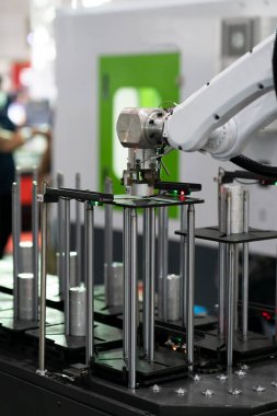 High-tech manufacturing process with robot programming arm in automation system