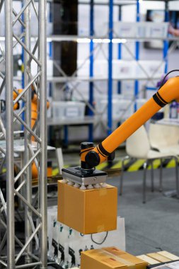 High-tech manufacturing process with robot programming arm in automation system