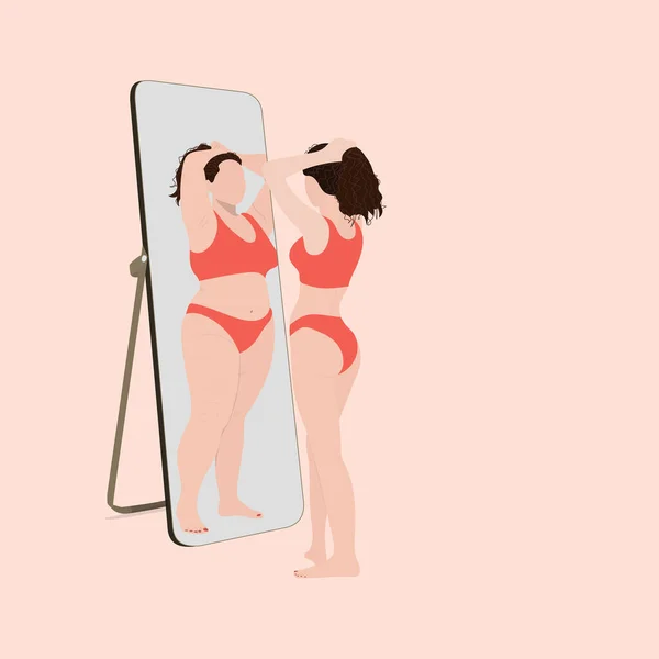 Chica Mirando Reflejo Anorexia Cuerpo Avergonzando Dismorfobia Odio Uno Mismo — Vector de stock