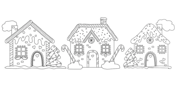 Boyama sayfası. Bir dizi Noel zencefilli kurabiye evi, çizgi film tarzında vektör illüstrasyonu.