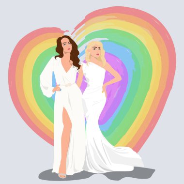 İki güzel gelin. Evlenme günü özgürlüğü. LGBT kadın çifti. Vektör illüstrasyonu.
