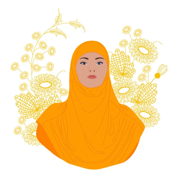 Muslimka Květinami Portrét Mladé Ženy Hidžábu Vektorová Ilustrace — Stockový vektor