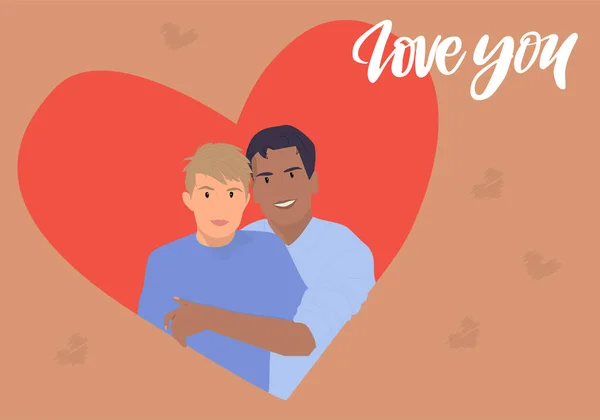 Valentijnskaart Cartoon Interraciale Gay Paar Zijn Knuffelen Vectorillustratie — Stockvector