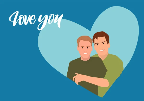 Valentijnsdag Homostel Gelukkig Homoseksueel Stel Knuffelt Vectorillustratie — Stockvector