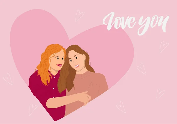Valentinstag Lesbisches Paar Frauen Die Sich Umarmen Vektorillustration — Stockvektor