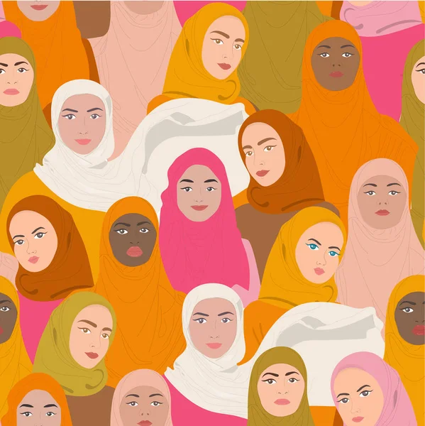 Płynny Wzorzec Wśród Muzułmanek Zróżnicowane Twarze Kobiet Różnych Grup Etnicznych — Wektor stockowy