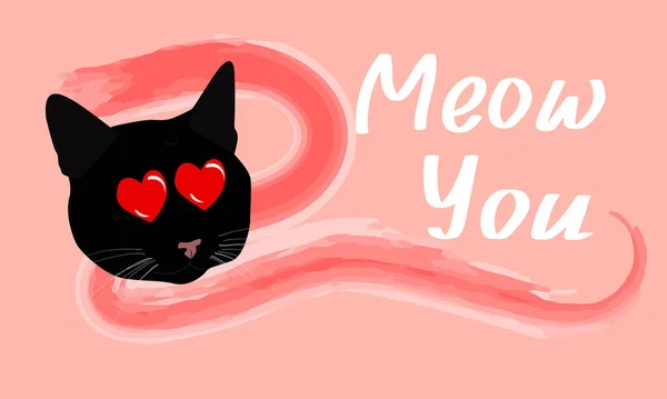 Feliz Fresco Lindo Gato Negro Con Ojos Corazón Bonita Tarjeta — Vector de stock