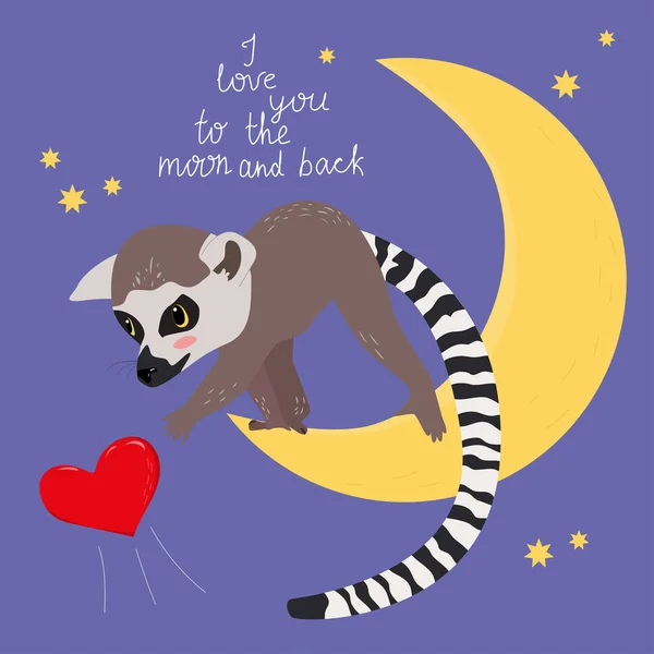 Valentýnská Karta Lemurem Miluju Měsíc Zpátky Vektorová Ilustrace — Stockový vektor