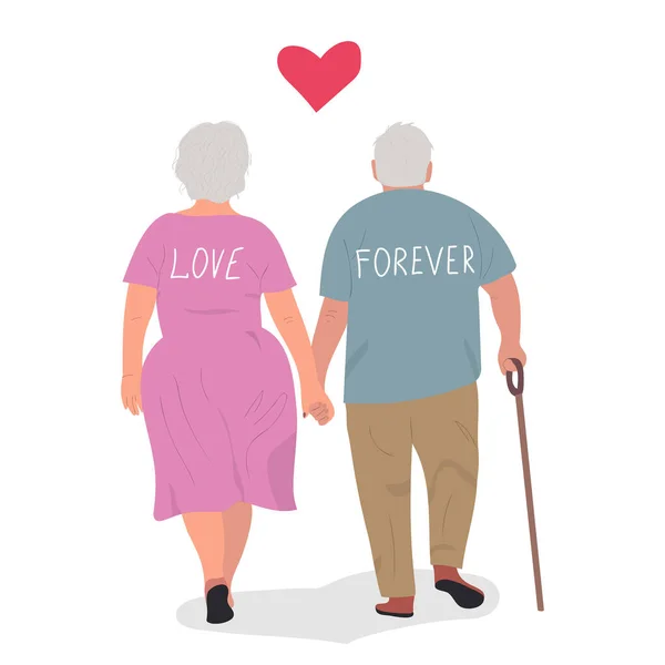 back view of elderly couple walking tenderly. Love and take care together. love forever. Vector illustration