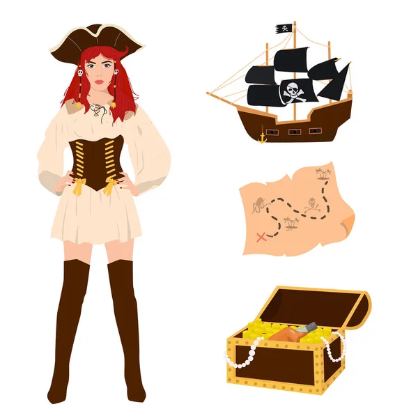 Captain Sea Wolf Girl Ship Treasure Map — Stock Vector