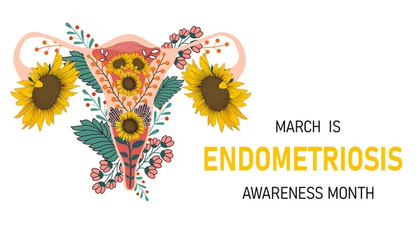  Endometriyozis farkındalık ayı pankartı. Rahimle yatay illüstrasyon.