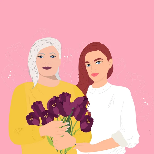 Mamma Con Figlia Adulta Madre Con Bouquet Tulipani — Vettoriale Stock