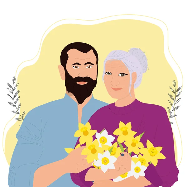 Hijo Adulto Con Madre Mamá Con Ramo Narcisos — Vector de stock