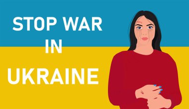 Ukrayna 'daki savaşı durdurun. Ağlayan Ukraynalı kadın. Vektör illüstrasyonu