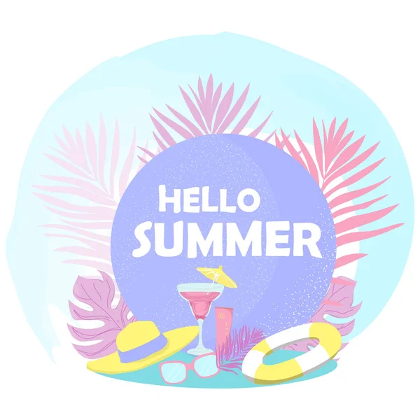 Hello Summer Vector Banner Beach Items — Stock Vector
