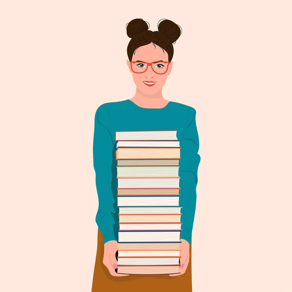 Fille Tient Une Énorme Pile Livres — Image vectorielle