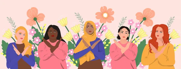 Poziomy Plakat Kobietami Różnym Kolorze Skóry Grup Etnicznych Krzyżują Ramiona — Wektor stockowy