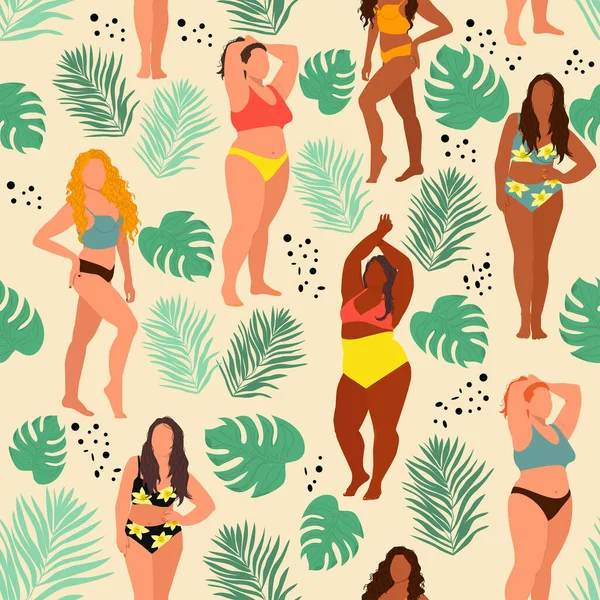穿着夏季泳衣和棕榈叶的女人的无缝图案 身体呈阳性矢量说明 — 图库矢量图片