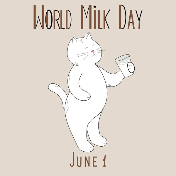 World Milk Day Cartoon Cat June Holiday Concept Template Poster — 스톡 벡터