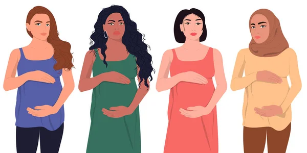 Conjunto Mujeres Embarazadas Diferentes Jóvenes Hermosas Madres Multiétnicas Diferentes Nacionalidades — Archivo Imágenes Vectoriales
