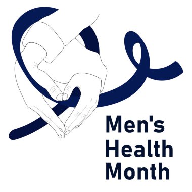 Erkek Sağlığı Ayı posteri. Kurdele tutan kalp şeklindeki ellerin vektör çizimi.