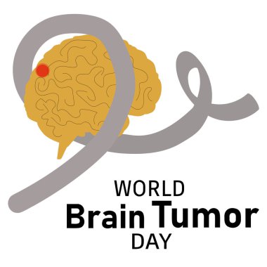 Dünya Beyin Tümörü Günü. Beyin ve hüner kurdelesinin vektör karikatür çizimi.