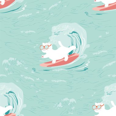 Sörfçü kediyle kusursuz bir yaz dönemi. Poster, tekstil, ambalaj kağıdı, duvar kağıdı şablonu