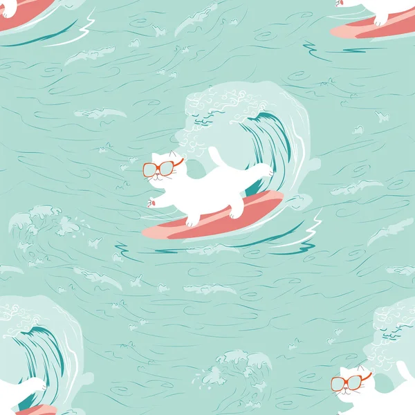 Sörfçü kediyle kusursuz bir yaz dönemi. Poster, tekstil, ambalaj kağıdı, duvar kağıdı şablonu