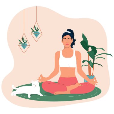Flat people meditating illustration. Relaxed woman with pet. 
